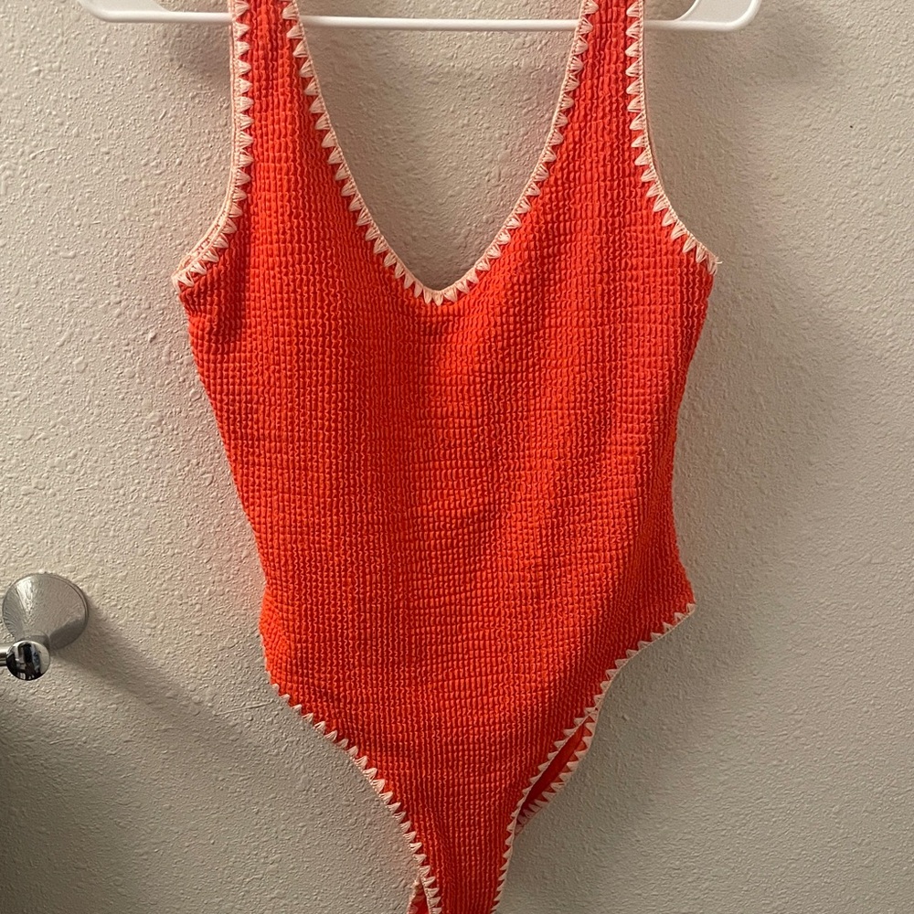 bebe Orange Textured One-Piece Swimsuit with Cream Trim